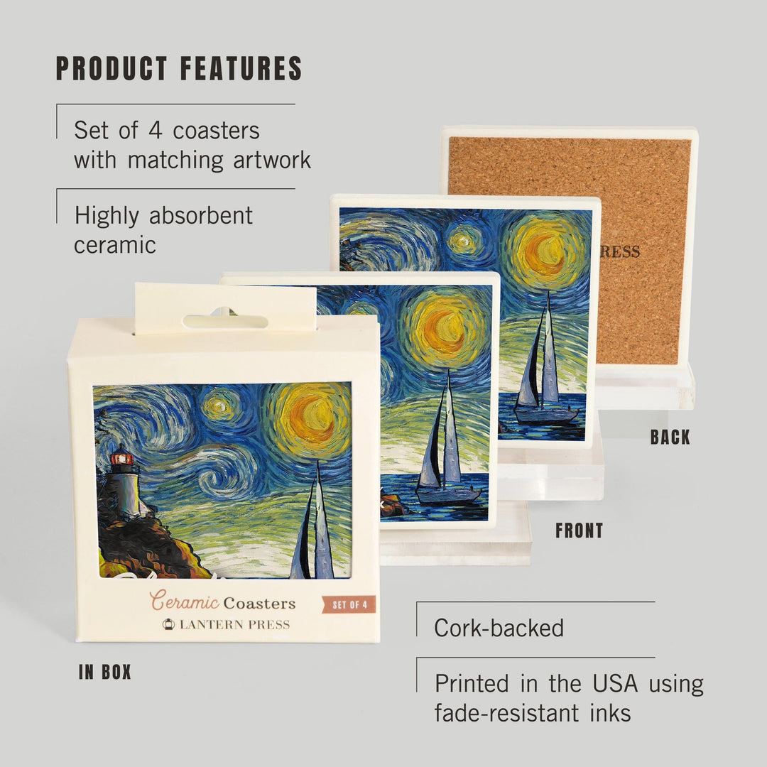 Acadia National Park, Maine, Bass Harbor Lighthouse, Starry Night National Park Series, Coasters Coasters Lantern Press 