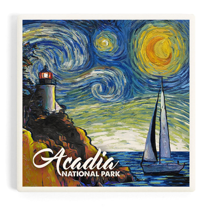 Acadia National Park, Maine, Bass Harbor Lighthouse, Starry Night National Park Series, Coasters Coasters Lantern Press 