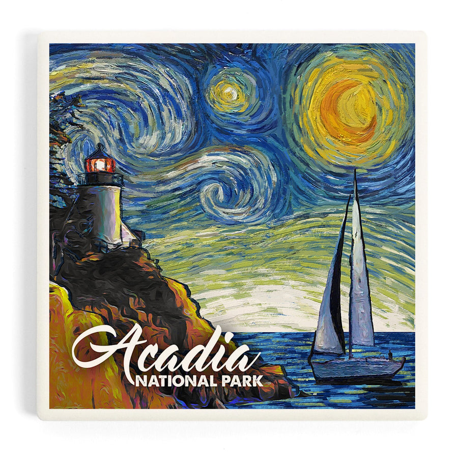 Acadia National Park, Maine, Bass Harbor Lighthouse, Starry Night National Park Series, Coasters Coasters Lantern Press 