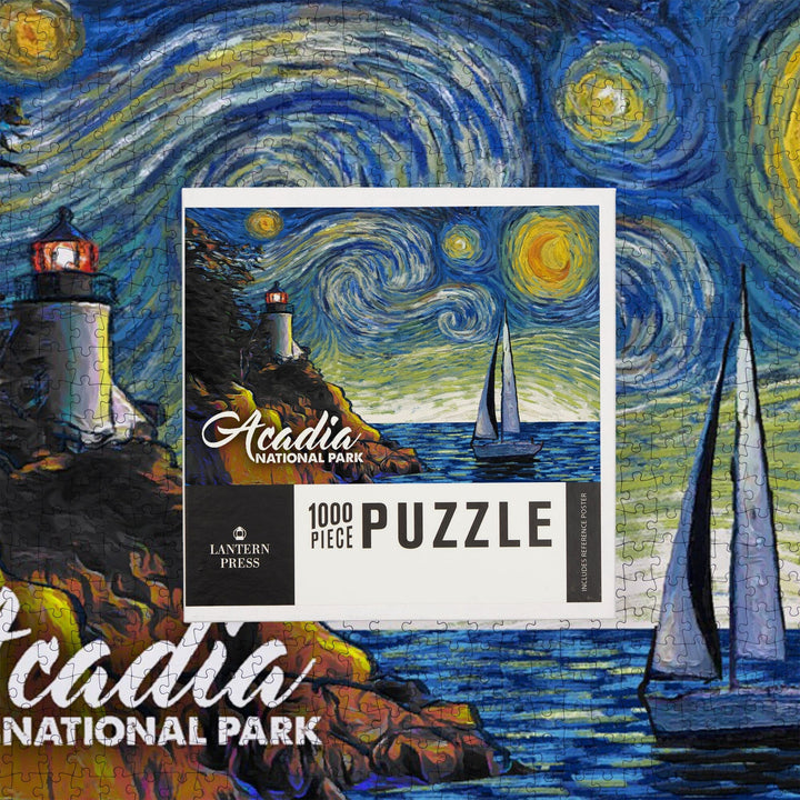 Acadia National Park, Maine, Bass Harbor Lighthouse, Starry Night National Park Series, Jigsaw Puzzle Puzzle Lantern Press 