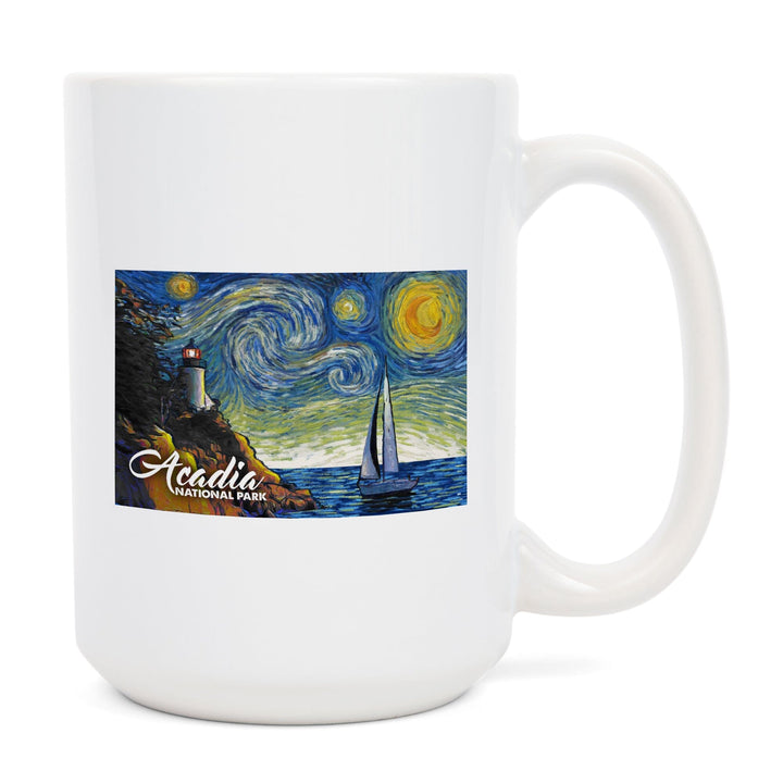 Acadia National Park, Maine, Bass Harbor Lighthouse, Starry Night National Park Series, Lantern Press Artwork, Ceramic Mug Mugs Lantern Press 