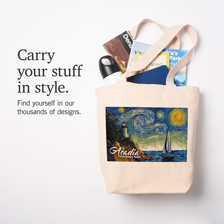 Acadia National Park, Maine, Bass Harbor Lighthouse, Starry Night National Park Series, Lantern Press Artwork, Tote Bag Totes Lantern Press 