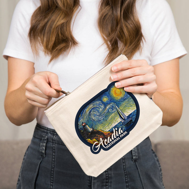 Acadia National Park, Maine, Bass Harbor Lighthouse, Starry Night,, Organic Cotton Zipper Pouch, Go Bag Go Bag Lantern Press 