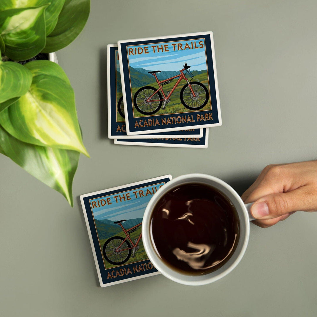 Acadia National Park, Maine, Bicycle Scene, Lantern Press Artwork, Coaster Set Coasters Lantern Press 