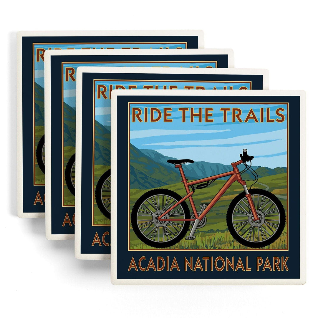 Acadia National Park, Maine, Bicycle Scene, Lantern Press Artwork, Coaster Set Coasters Lantern Press 