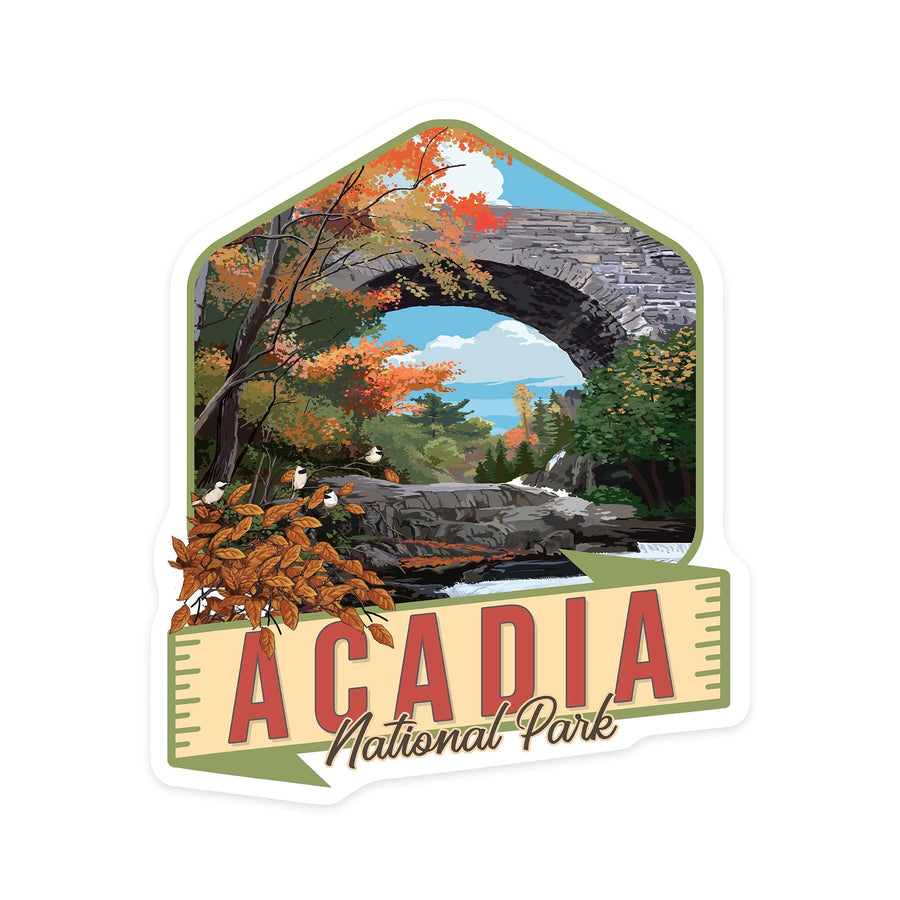 Acadia National Park, Maine, Bridge Scene, Contour, Lantern Press Artwork, Vinyl Sticker Sticker Lantern Press 