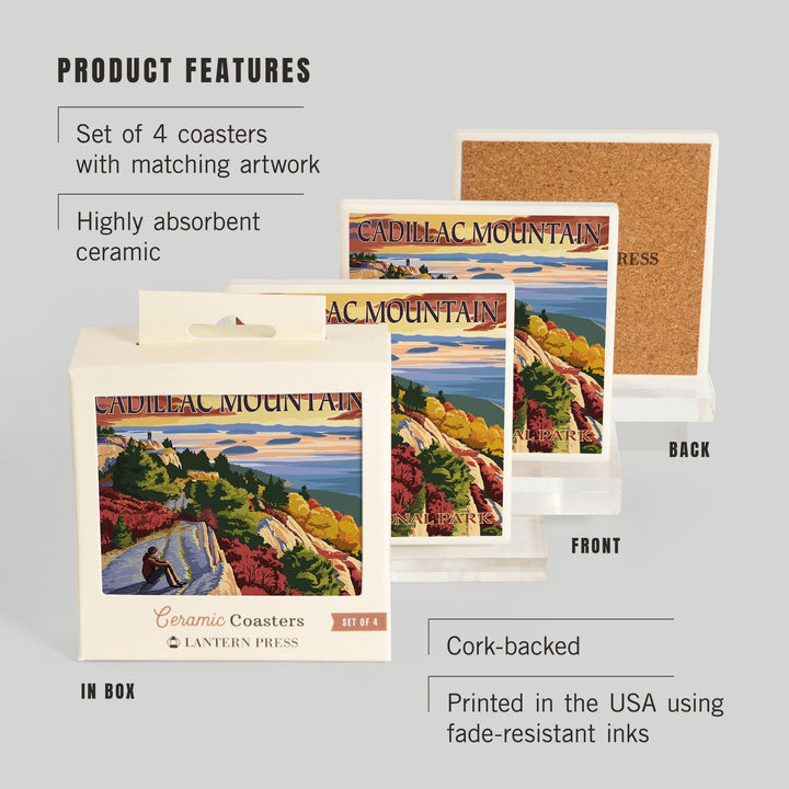 Acadia National Park, Maine, Cadillac Mountain, Painterly Series, Coasters Coasters Lantern Press 