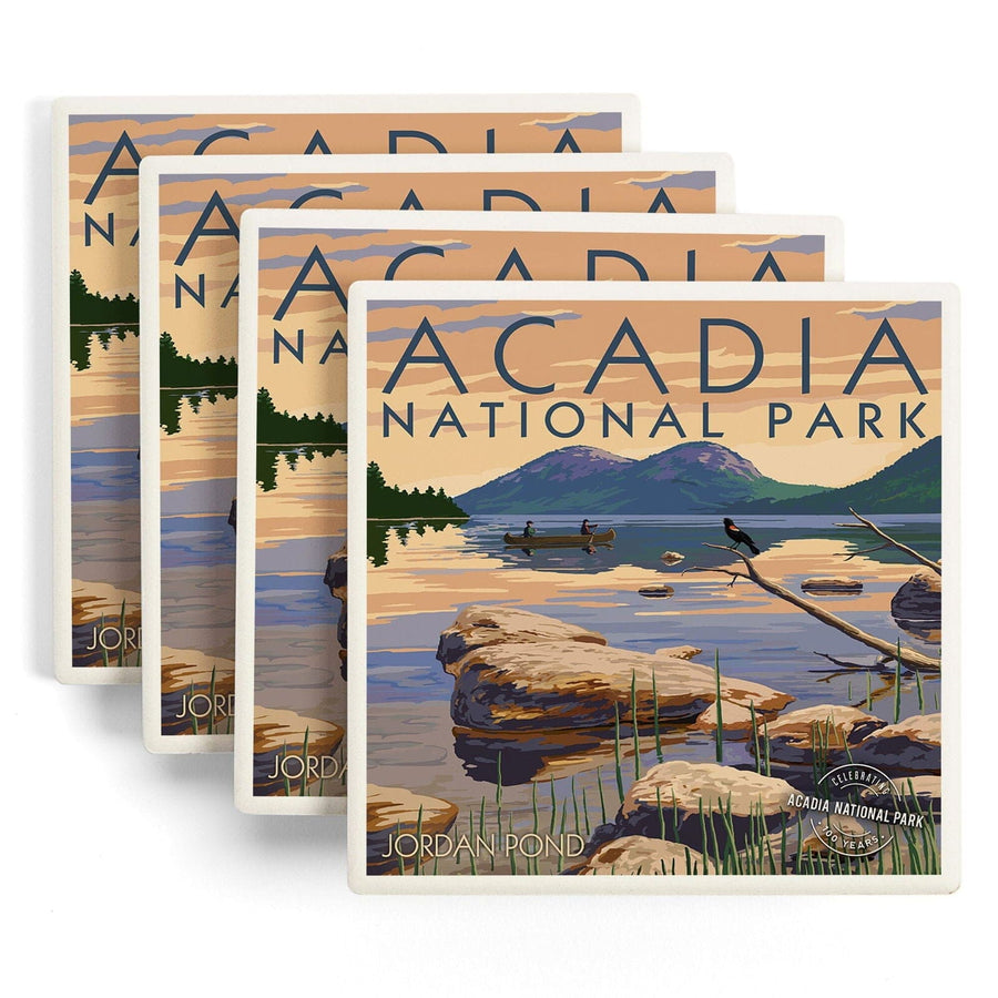 Acadia National Park, Maine, Celebrating 100 Years, Jordan Pond, Lantern Press Artwork, Coaster Set Coasters Lantern Press 