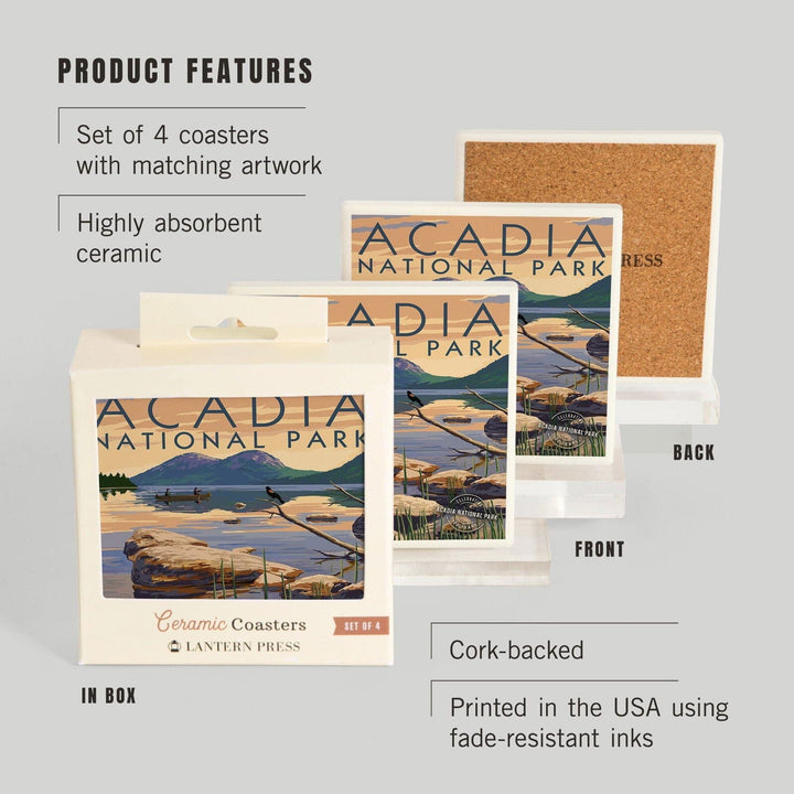 Acadia National Park, Maine, Celebrating 100 Years, Jordan Pond, Lantern Press Artwork, Coaster Set Coasters Lantern Press 