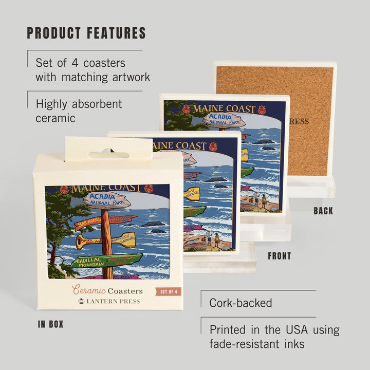 Acadia National Park, Maine, Destinations Sign, Coasters Coasters Lantern Press 