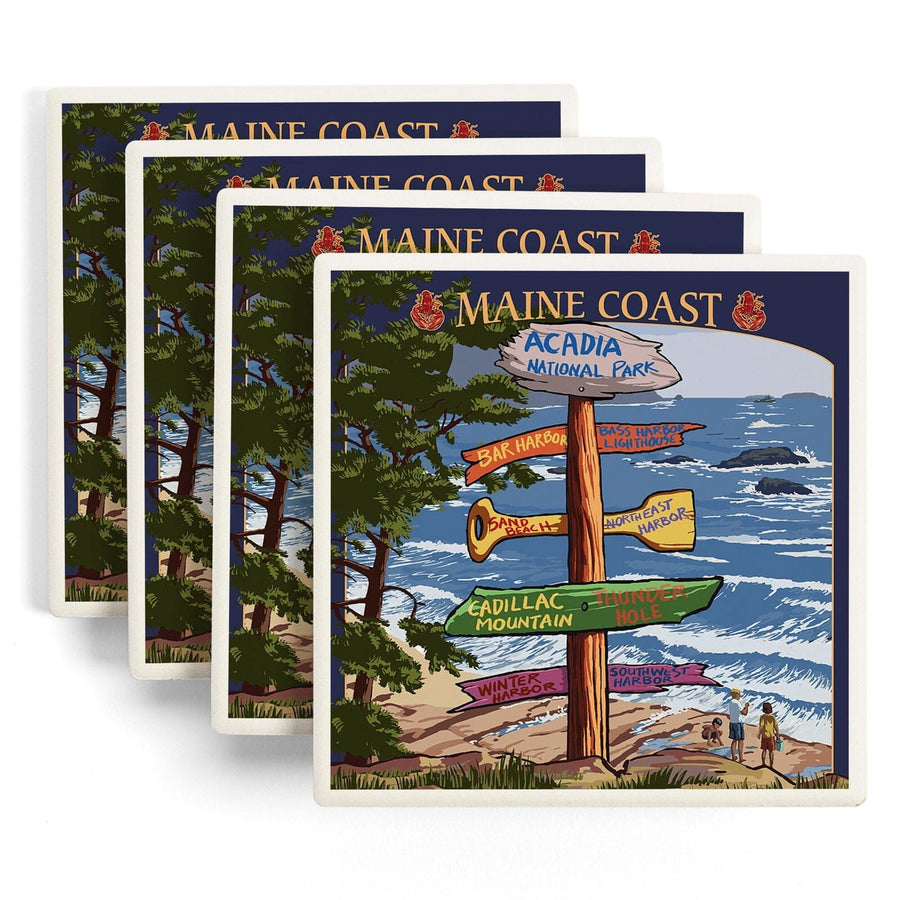 Acadia National Park, Maine, Destinations Sign, Lantern Press Artwork, Coaster Set Coasters Lantern Press 