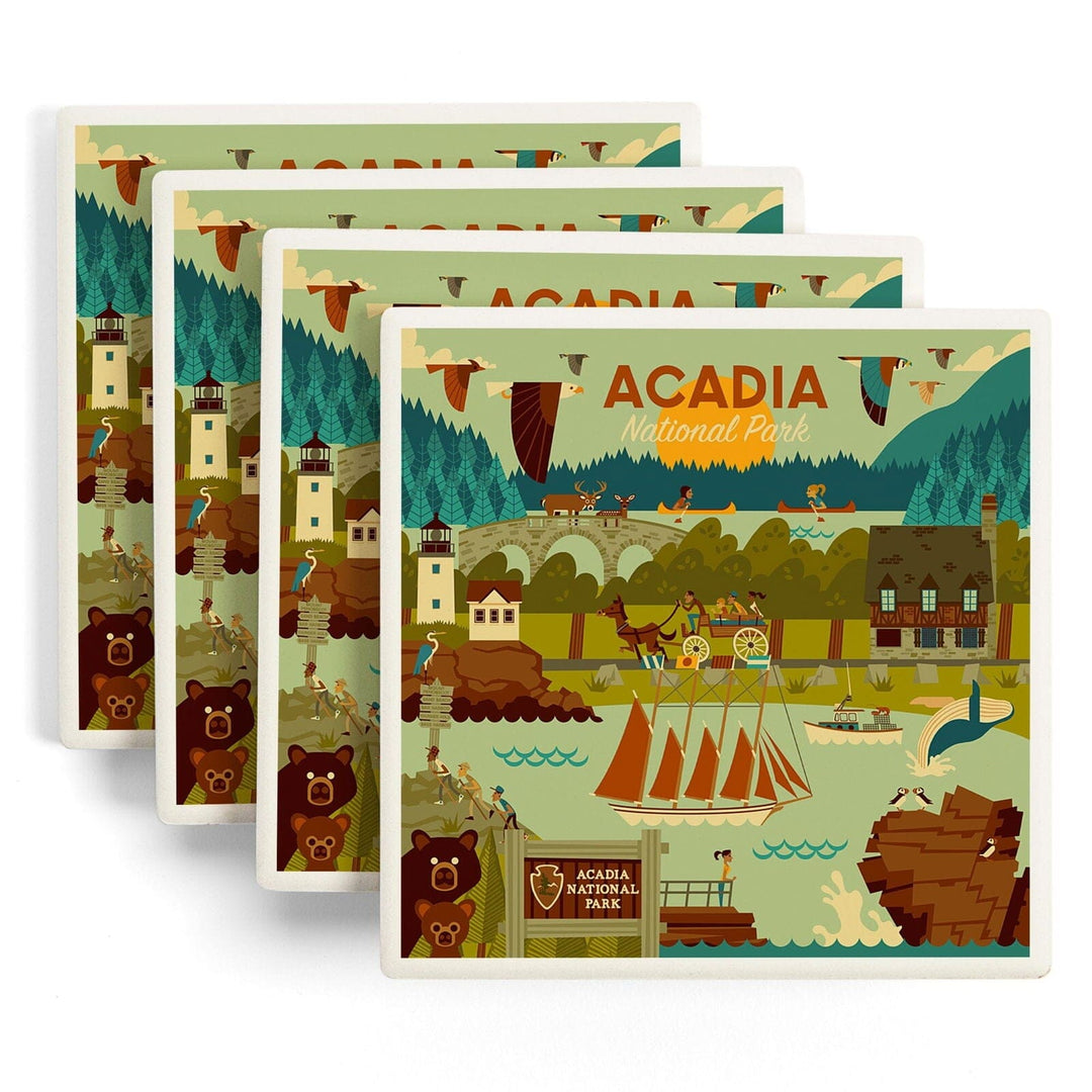 Acadia National Park, Maine, Geometric National Park Series, Lantern Press Artwork, Coaster Set Coasters Lantern Press 