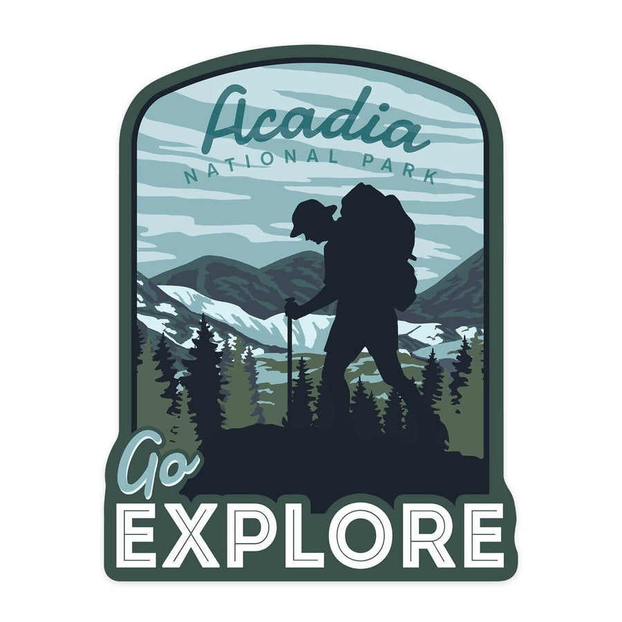 Acadia National Park, Maine, Go Explore, Backpacker, Contour, Lantern Press Artwork, Vinyl Sticker Sticker Lantern Press 