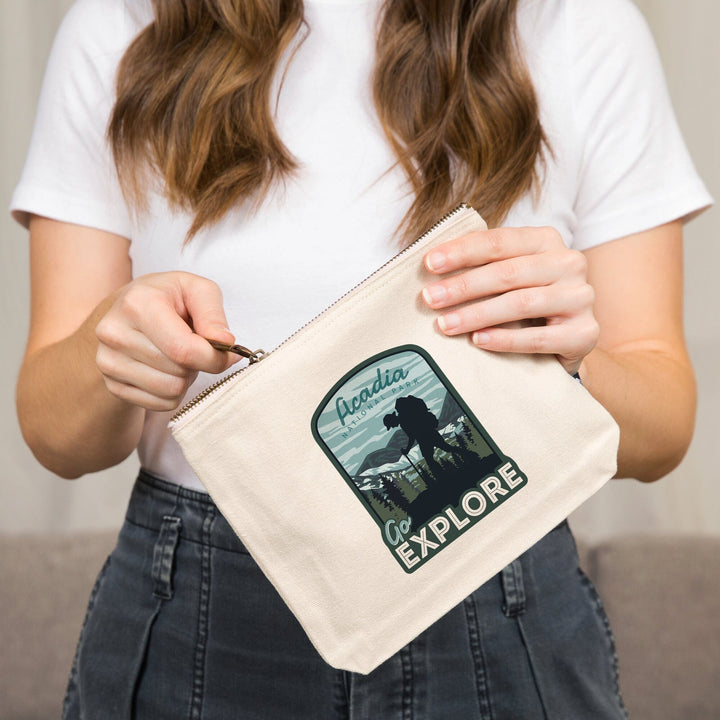 Acadia National Park, Maine, Go Explore, Backpacker, Organic Cotton Zipper Pouch, Go Bag Go Bag Lantern Press 