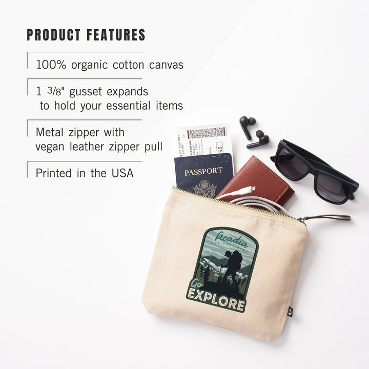 Acadia National Park, Maine, Go Explore, Backpacker, Organic Cotton Zipper Pouch, Go Bag Go Bag Lantern Press 
