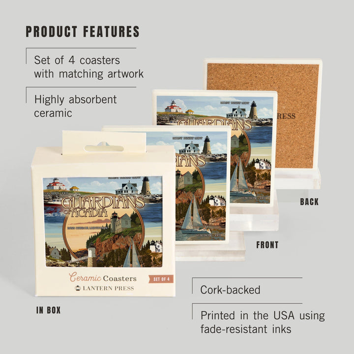 Acadia National Park, Maine, Guardians of Acadia Lighthouses, Coasters Coasters Lantern Press 