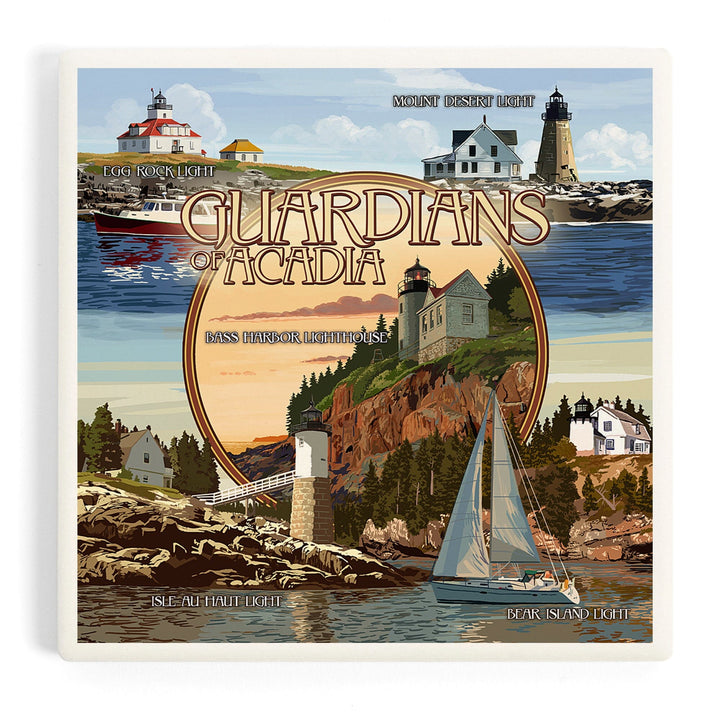 Acadia National Park, Maine, Guardians of Acadia Lighthouses, Coasters Coasters Lantern Press Coaster 