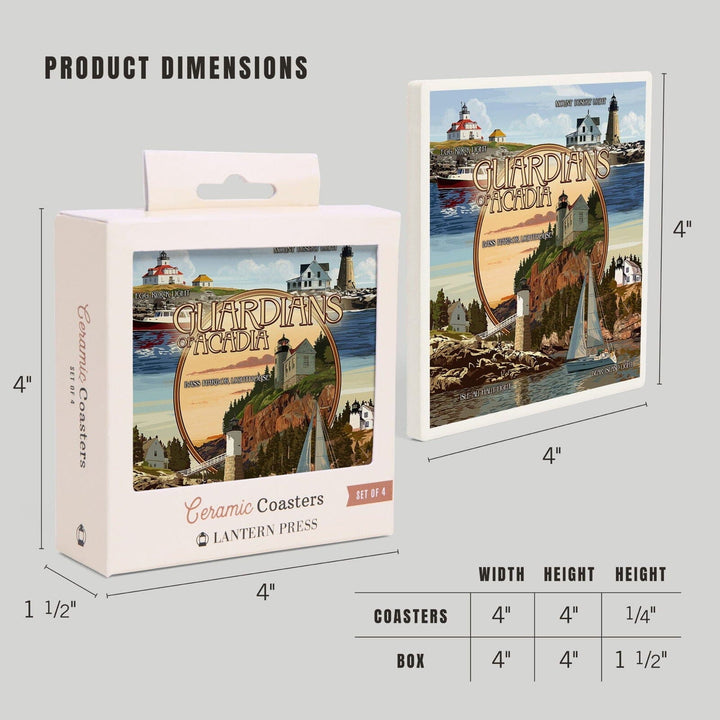 Acadia National Park, Maine, Guardians of Acadia Lighthouses, Lantern Press Artwork, Coaster Set Coasters Lantern Press 