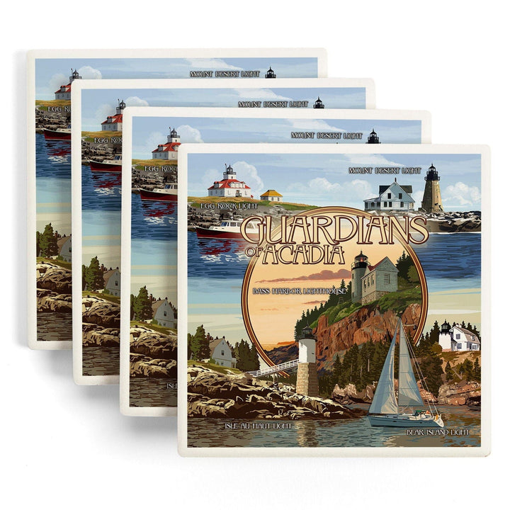 Acadia National Park, Maine, Guardians of Acadia Lighthouses, Lantern Press Artwork, Coaster Set Coasters Lantern Press 