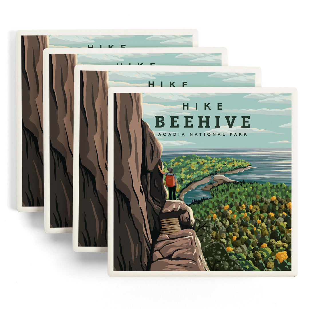Acadia National Park, Maine, Hike Beehive, Summer, Illustration, Coasters Coasters Lantern Press 