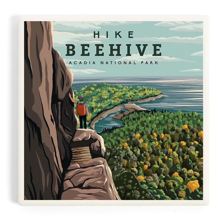 Acadia National Park, Maine, Hike Beehive, Summer, Illustration, Coasters Coasters Lantern Press 