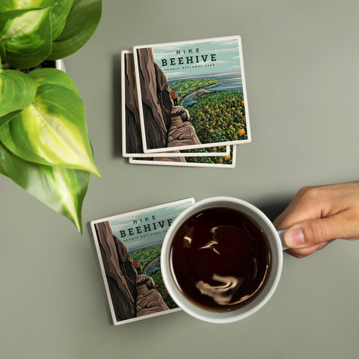 Acadia National Park, Maine, Hike Beehive, Summer, Illustration, Coasters Coasters Lantern Press 