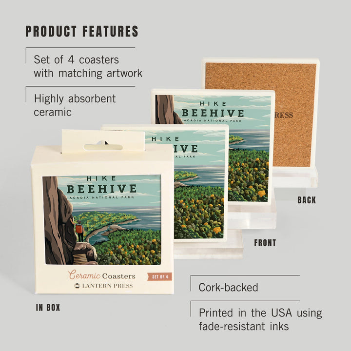 Acadia National Park, Maine, Hike Beehive, Summer, Illustration, Coasters Coasters Lantern Press 