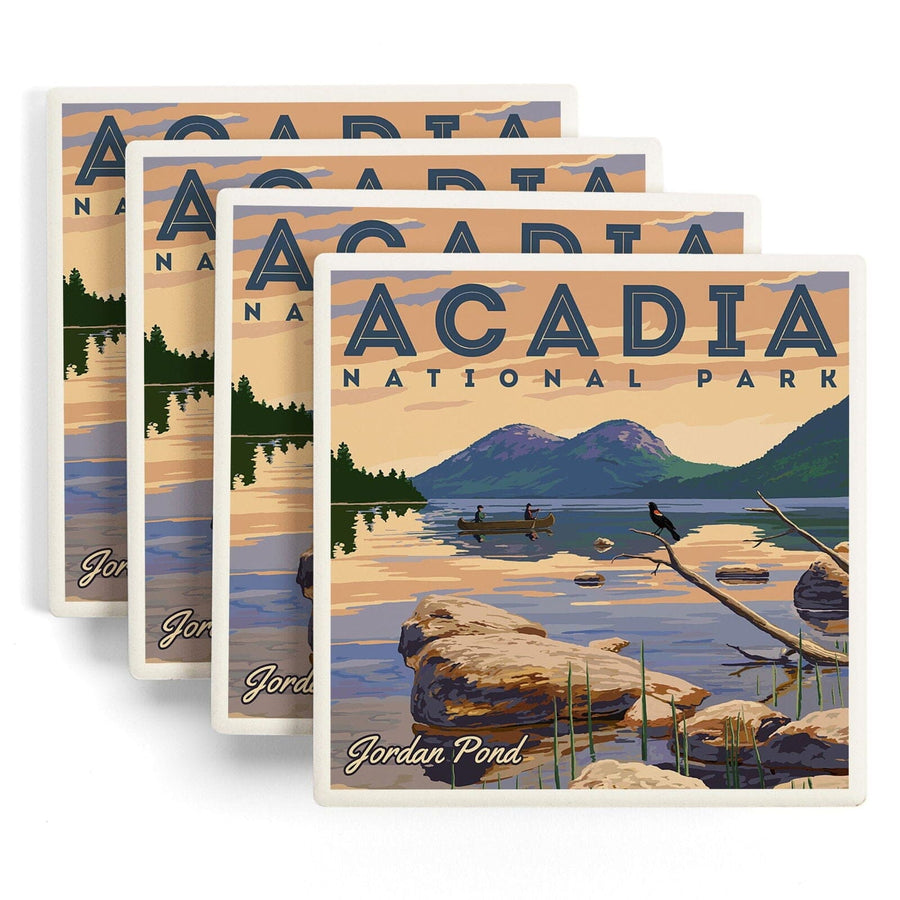 Acadia National Park, Maine, Jordan Pond Illustration, Lantern Press Artwork, Coaster Set Coasters Lantern Press 