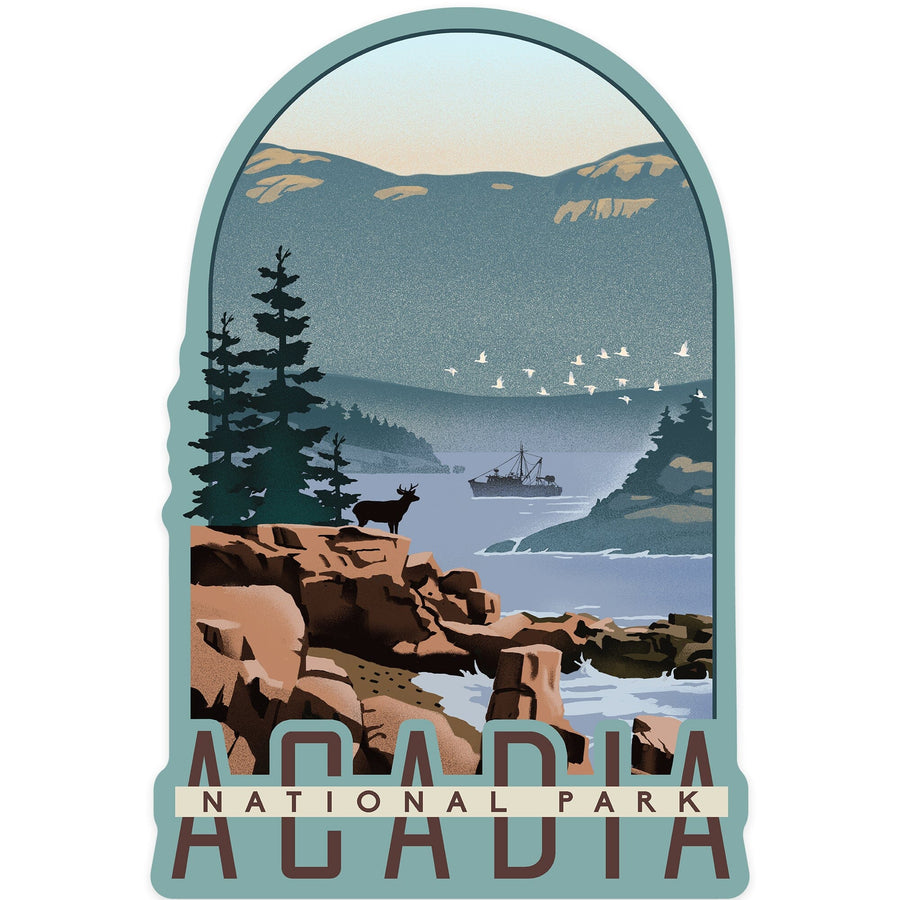 Acadia National Park, Maine, Lithograph, Contour, Lantern Press Artwork, Vinyl Sticker Sticker Lantern Press 