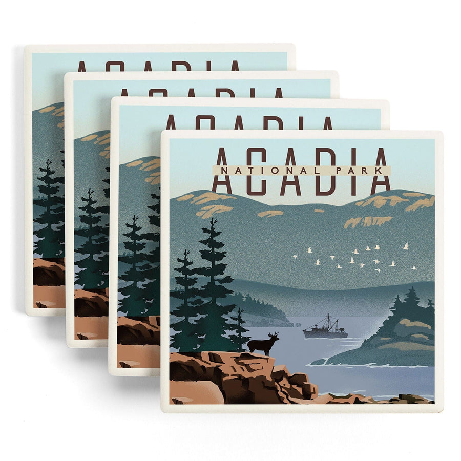 Acadia National Park, Maine, Lithograph, Lantern Press Artwork, Coaster Set Coasters Lantern Press 