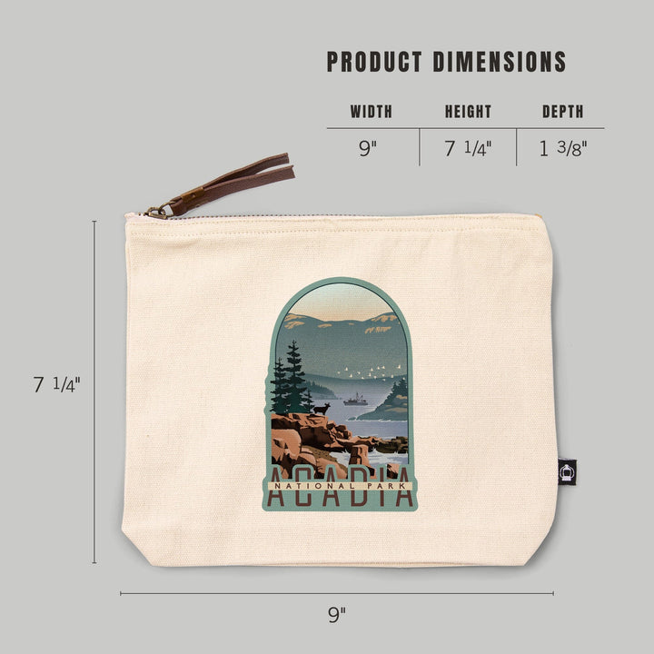Acadia National Park, Maine, Lithograph,, Organic Cotton Zipper Pouch, Go Bag Go Bag Lantern Press 