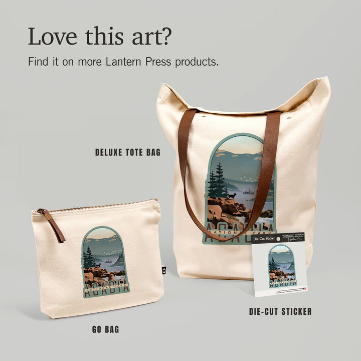 Acadia National Park, Maine, Lithograph,, Organic Cotton Zipper Pouch, Go Bag Go Bag Lantern Press 