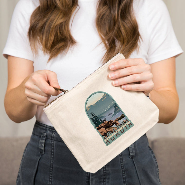 Acadia National Park, Maine, Lithograph,, Organic Cotton Zipper Pouch, Go Bag Go Bag Lantern Press 
