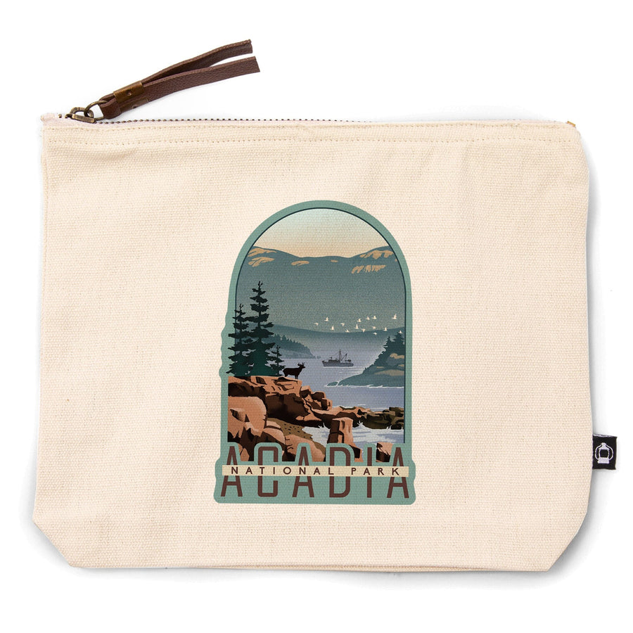 Acadia National Park, Maine, Lithograph,, Organic Cotton Zipper Pouch, Go Bag Go Bag Lantern Press 