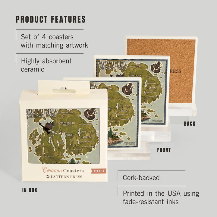 Acadia National Park, Maine, Map, Coasters Coasters Lantern Press 