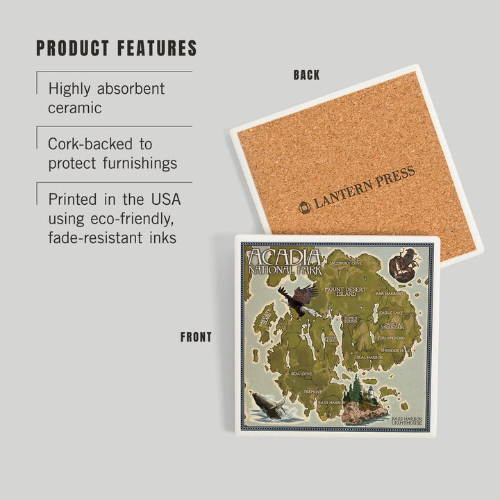 Acadia National Park, Maine, Map, Coasters Coasters Lantern Press 