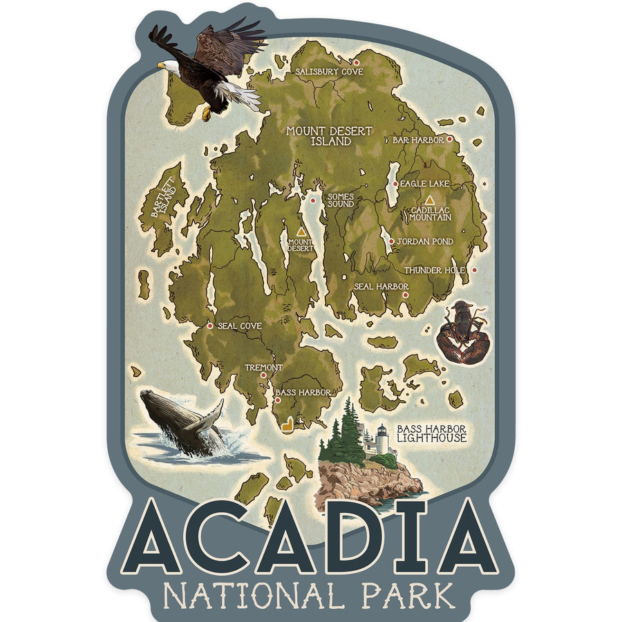 Acadia National Park, Maine, Map with Icons, Contour, Lantern Press Artwork, Vinyl Sticker Sticker Lantern Press 