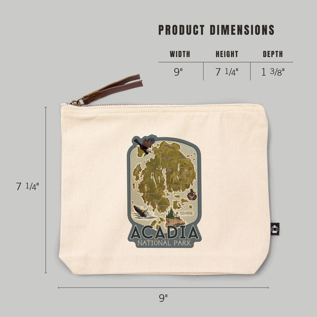 Acadia National Park, Maine, Map with Icons,, Organic Cotton Zipper Pouch, Go Bag Go Bag Lantern Press 