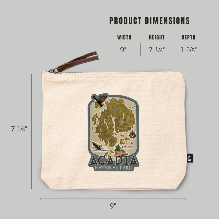 Acadia National Park, Maine, Map with Icons,, Organic Cotton Zipper Pouch, Go Bag Go Bag Lantern Press 