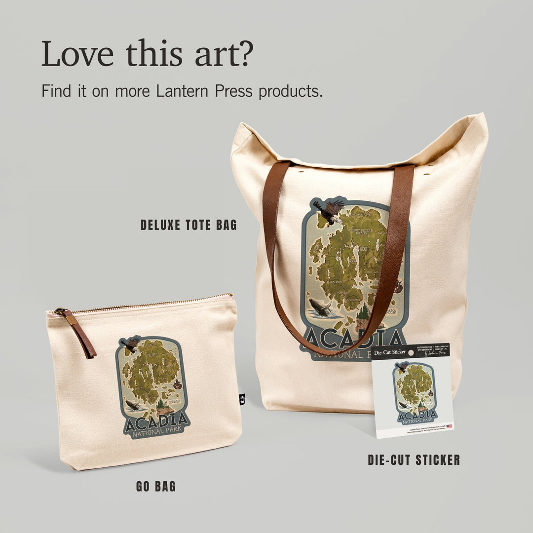 Acadia National Park, Maine, Map with Icons,, Organic Cotton Zipper Pouch, Go Bag Go Bag Lantern Press 