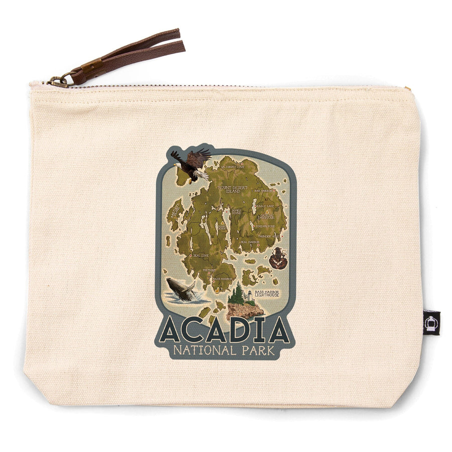 Acadia National Park, Maine, Map with Icons,, Organic Cotton Zipper Pouch, Go Bag Go Bag Lantern Press 
