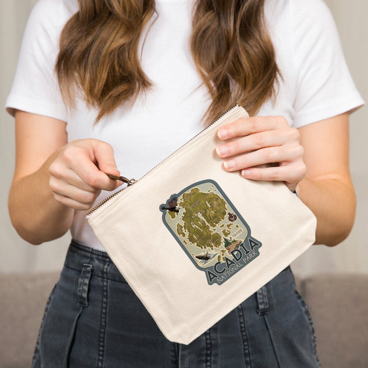 Acadia National Park, Maine, Map with Icons,, Organic Cotton Zipper Pouch, Go Bag Go Bag Lantern Press 