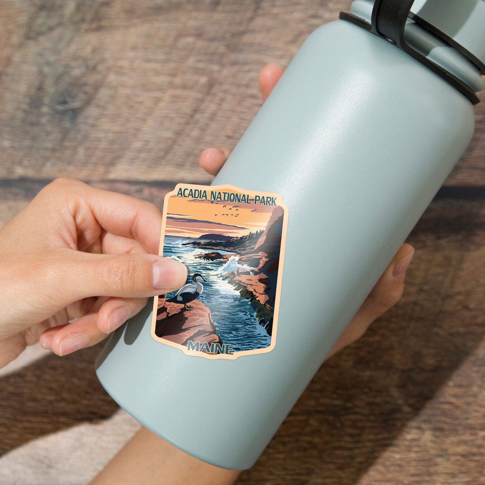 Acadia National Park, Maine, Mount Desert Island With Bird, Contour, Vinyl Sticker Sticker Lantern Press 