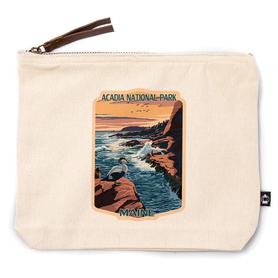 Acadia National Park, Maine, Mount Desert Island With Bird,, Organic Cotton Zipper Pouch, Go Bag Go Bag Lantern Press 