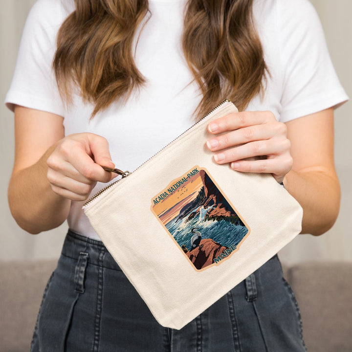 Acadia National Park, Maine, Mount Desert Island With Bird,, Organic Cotton Zipper Pouch, Go Bag Go Bag Lantern Press 