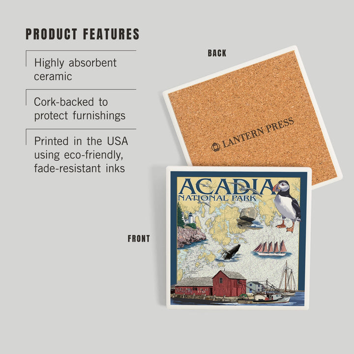 Acadia National Park, Maine, Nautical Chart, Coasters Coasters Lantern Press 