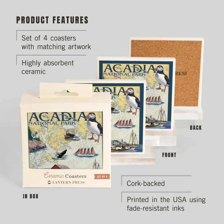 Acadia National Park, Maine, Nautical Chart, Coasters Coasters Lantern Press 