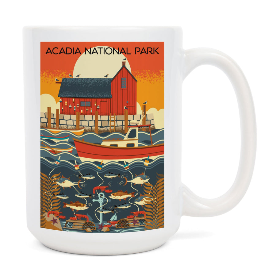 Acadia National Park, Maine, Nautical Geometric, Lantern Press Artwork, Ceramic Mug Mugs Lantern Press 
