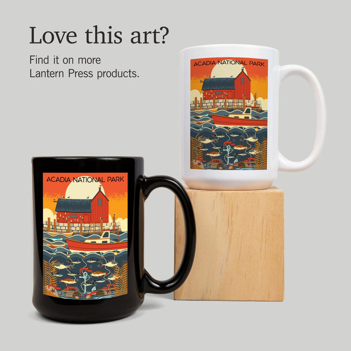 Acadia National Park, Maine, Nautical Geometric, Lantern Press Artwork, Ceramic Mug Mugs Lantern Press 