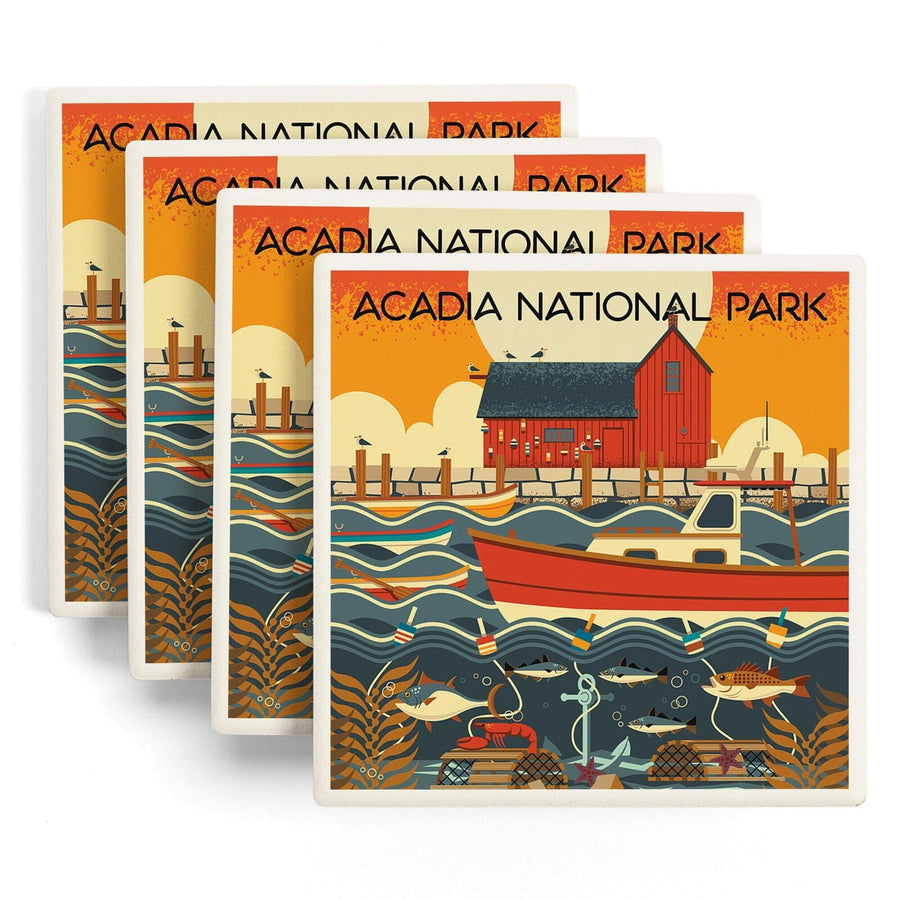 Acadia National Park, Maine, Nautical Geometric, Lantern Press Artwork, Coaster Set Coasters Lantern Press 